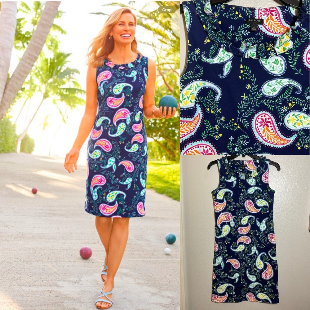 Talbots Paisley Pink and Blue Ruffle‎ Neck, Sleeveless Sheath Dress size P
